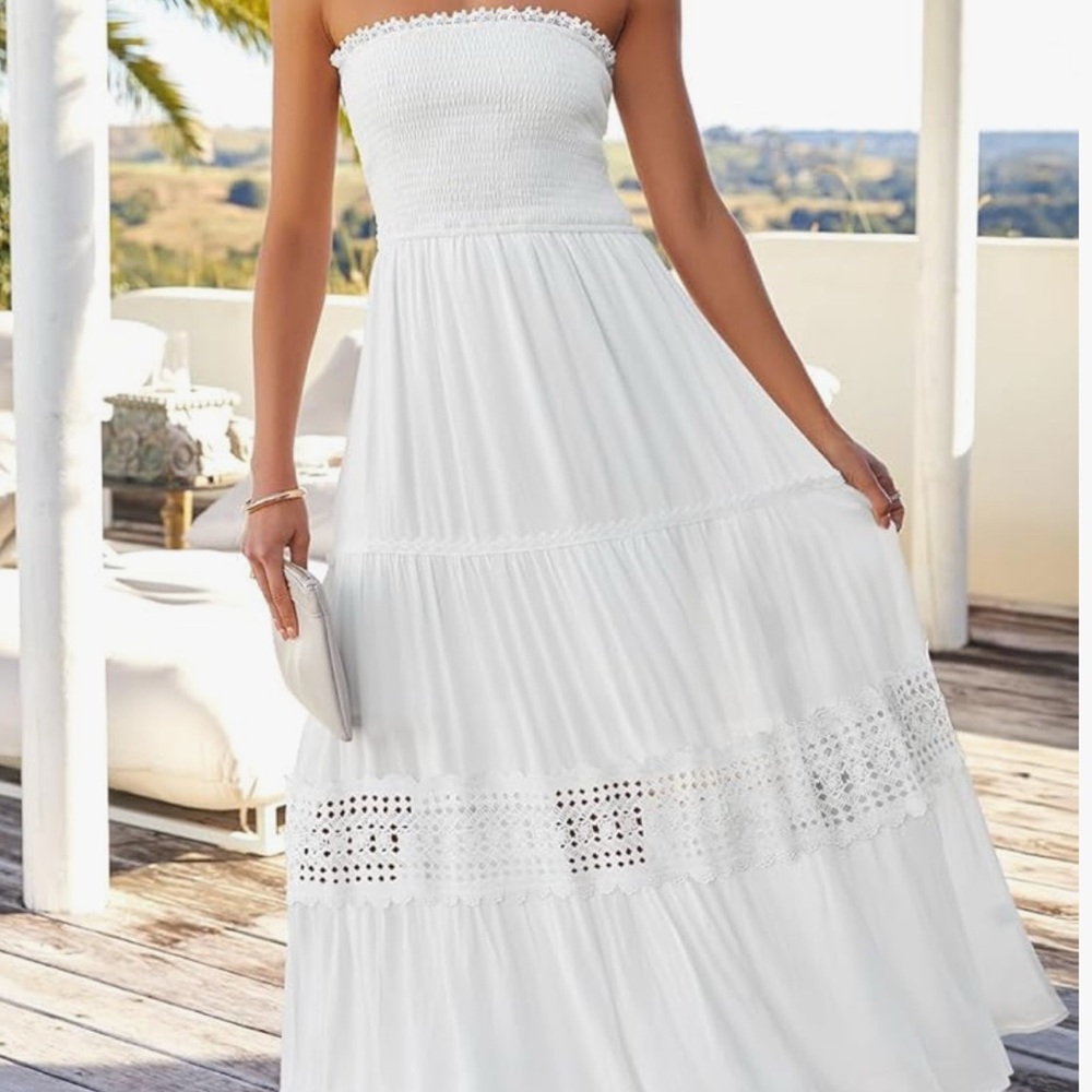 White Strapless Smocked Tiered Maxi Dress